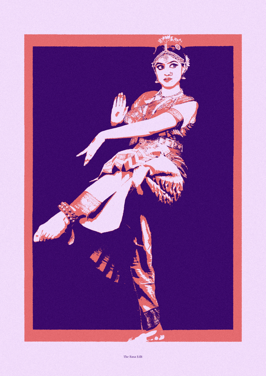 A stylized pop-art poster print of a bharatanatyam dancer in a dynamic pose, rendered in a high-contrast color palette of deep purple, pink, and white, framed by a coral border on a pale lavender background.