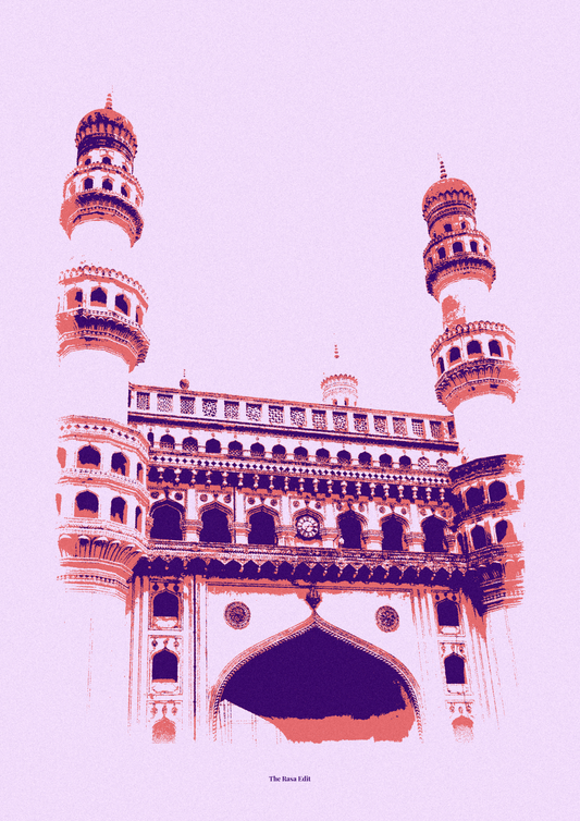 A stylized graphic print of the Charminar in Hyderabad, rendered in a high-contrast pink, white, and dark purple color palette against a pale pink background.