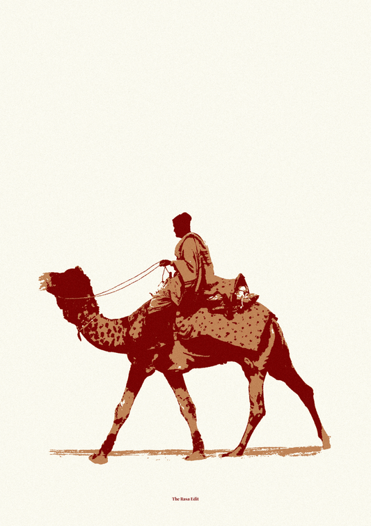 A minimalist art print featuring a sepia-toned illustration of a camel with a rider in Rajasthan, set against a solid cream background.