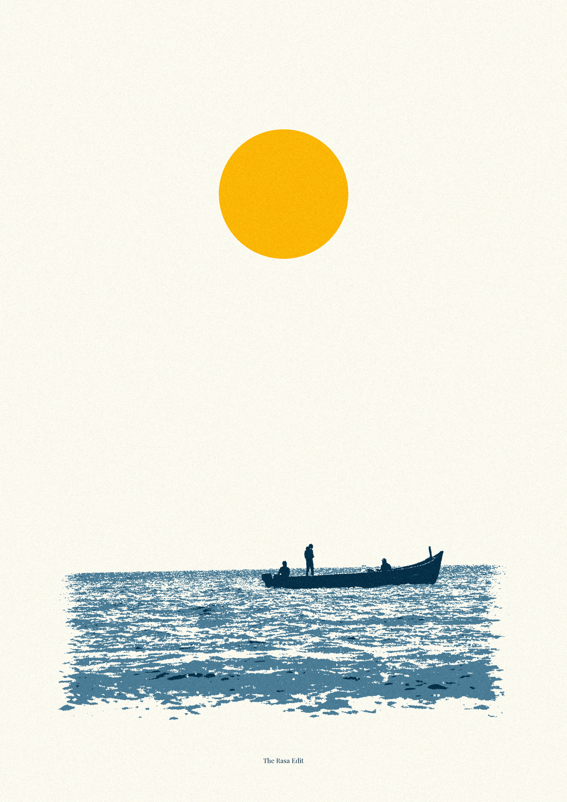 Minimalist art print featuring a large yellow sun over a blue ocean with a small boat and two silhouetted figures, on an off-white background.