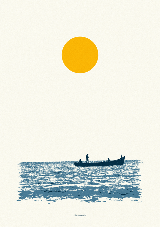 Minimalist art print featuring a large yellow sun over a blue ocean with a small boat and two silhouetted figures, on an off-white background.