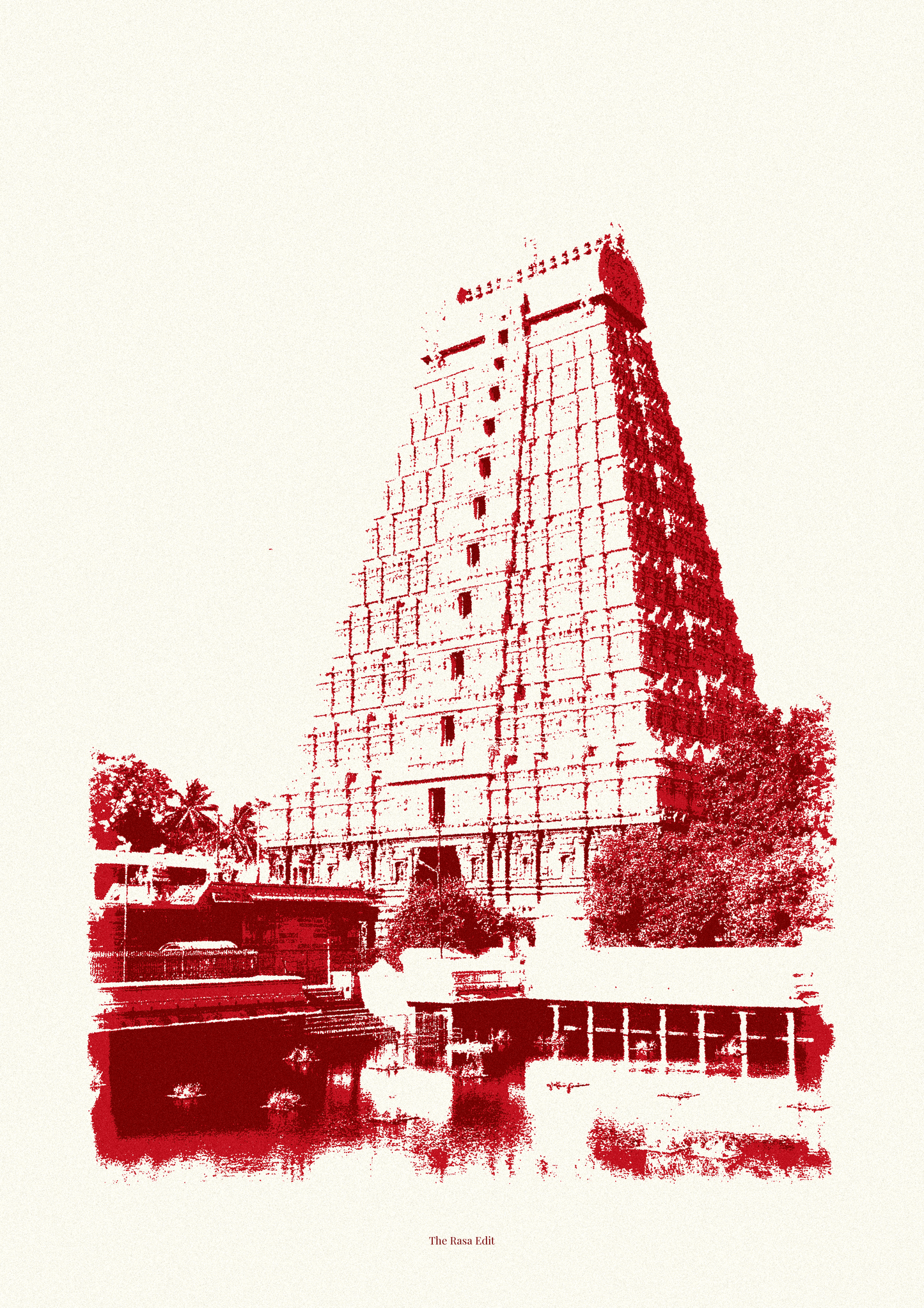 A minimalist art print featuring a stylized red graphic illustration of a South Indian temple gopuram on an off-white background.