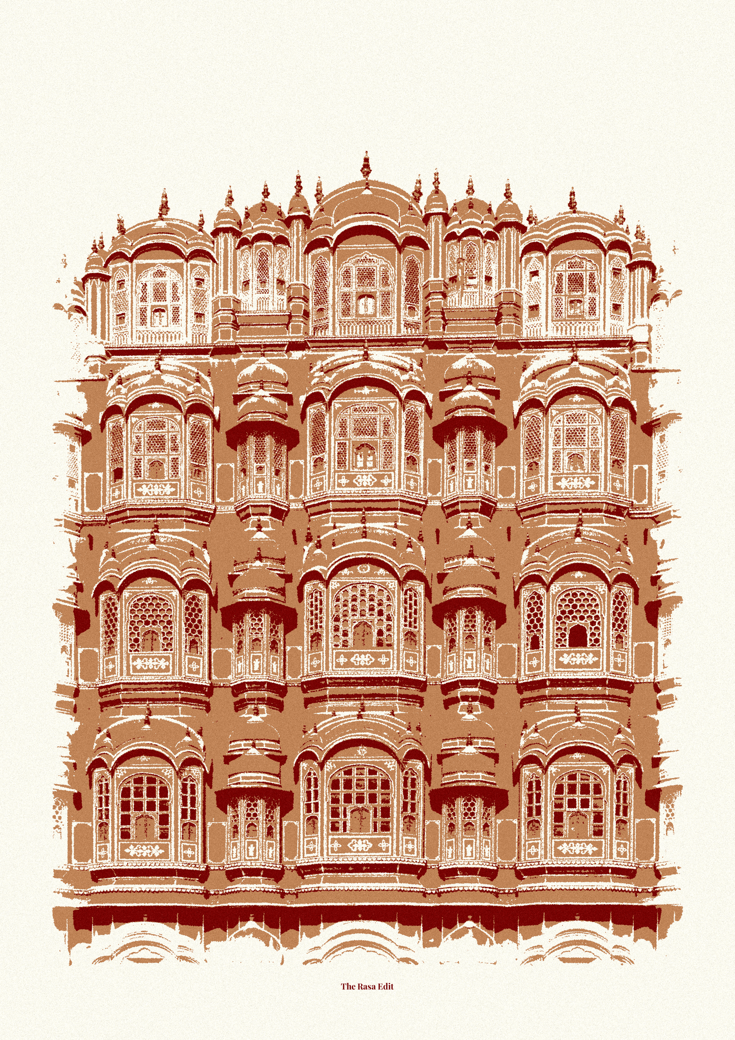 A stylized architectural art print of the Hawa Mahal building in Jaipur, rendered in terracotta brown and cream tones on a light cream background.