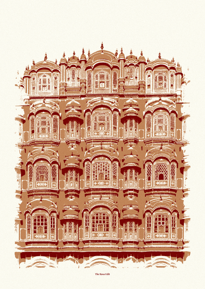 A stylized architectural art print of the Hawa Mahal building in Jaipur, rendered in terracotta brown and cream tones on a light cream background.