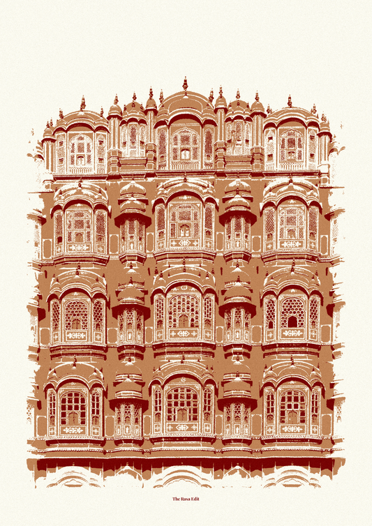 A stylized architectural art print of the Hawa Mahal building in Jaipur, rendered in terracotta brown and cream tones on a light cream background.