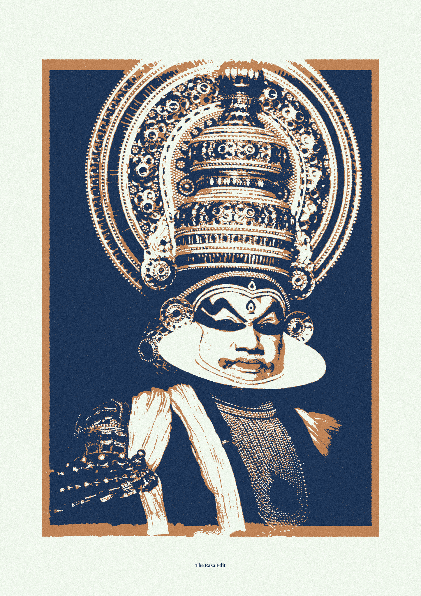 A stylized art print featuring a Kathakali portrait in cream and white against a deep navy blue background, framed by a tan border on a light off-white canvas. 