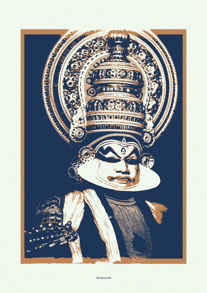 A stylized art print featuring a Kathakali portrait in cream and white against a deep navy blue background, framed by a tan border on a light off-white canvas. 