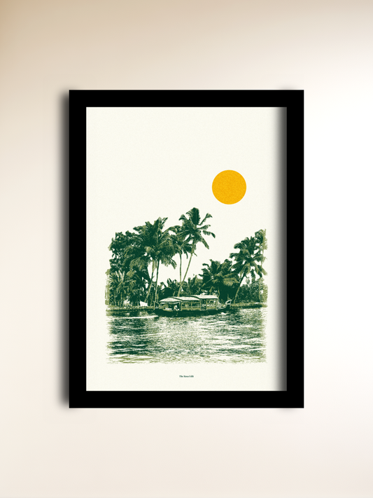 A framed art print featuring a minimalist scene showing backwaters of Kerala with palm trees, a boat on water, and a bright yellow sun on an off-white background, housed in a black frame and displayed on a beige wall.
