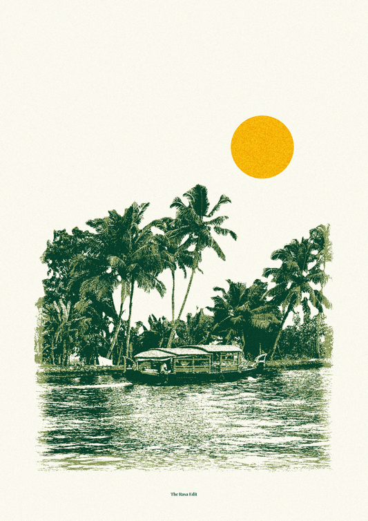 A minimalist art print featuring backwaters of Kerala with palm trees, a houseboat on the water, and a large yellow sun on an off-white background.