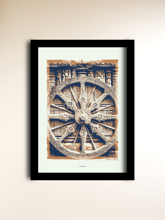 A framed art print featuring a detailed sepia-toned illustration of a large carved wheel in Konark Sun Temple, mounted on a light beige wall.