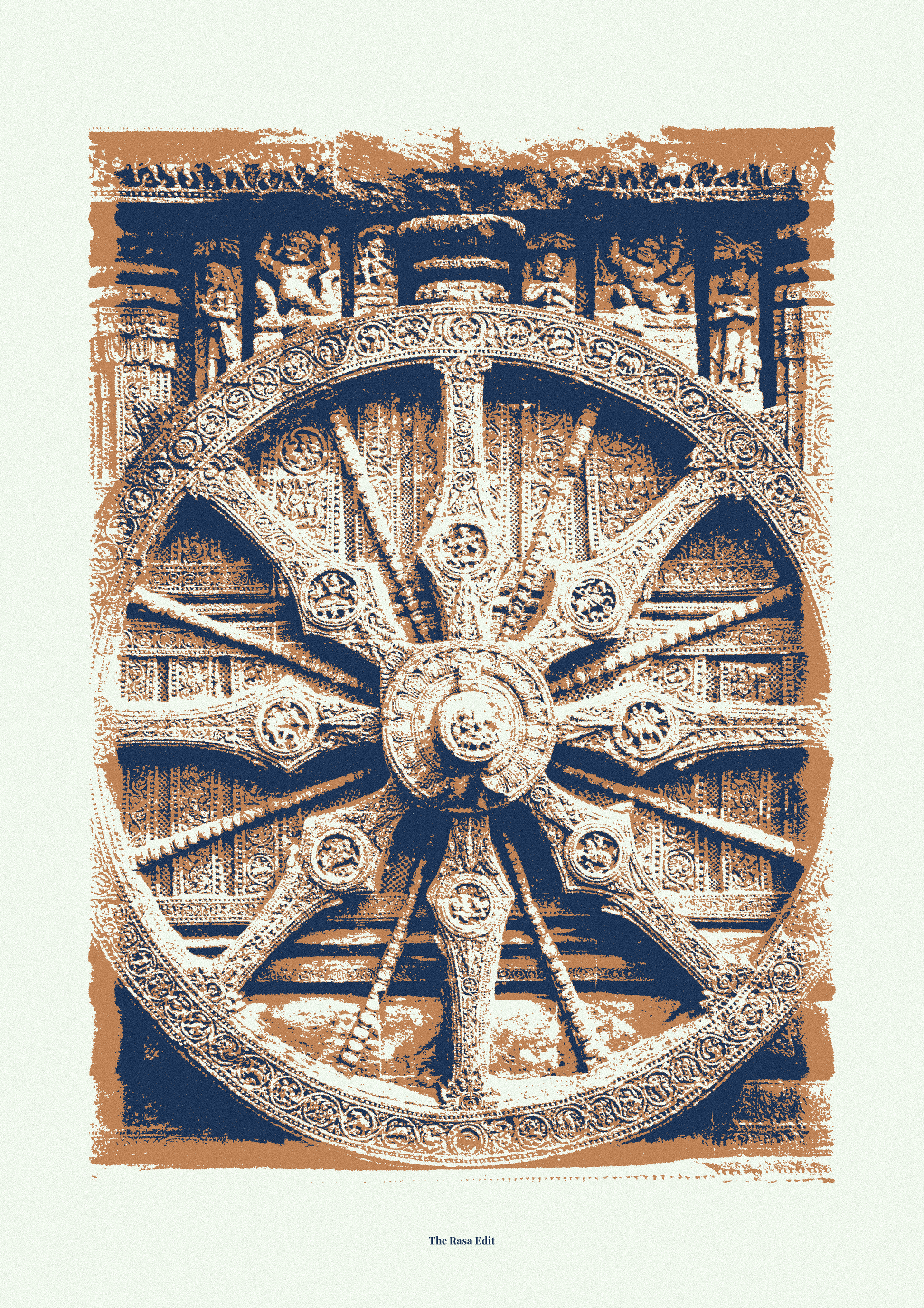 An art print featuring a detailed, high-contrast graphic of a carved stone wheel in Konark Sun Temple, rendered in a monochromatic sepia and dark blue ink style on a light cream background with a distressed brown border.