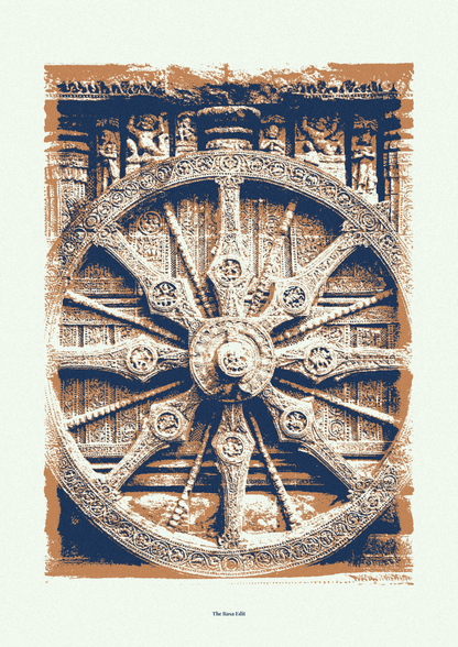 An art print featuring a detailed, high-contrast graphic of a carved stone wheel in Konark Sun Temple, rendered in a monochromatic sepia and dark blue ink style on a light cream background with a distressed brown border.