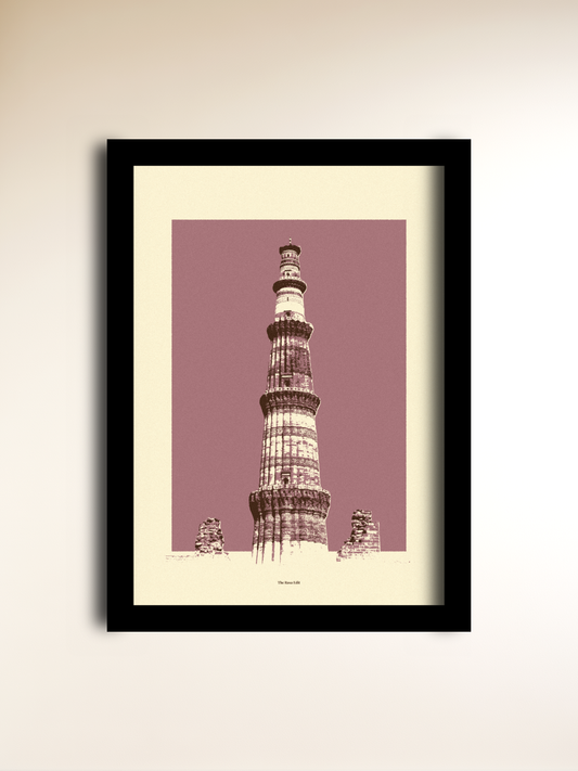 A framed art print of the Qutub Minar in Delhi, featuring a sepia-toned architectural illustration on a dusty mauve background, housed in a black frame with a cream mat, displayed on a light beige wall.