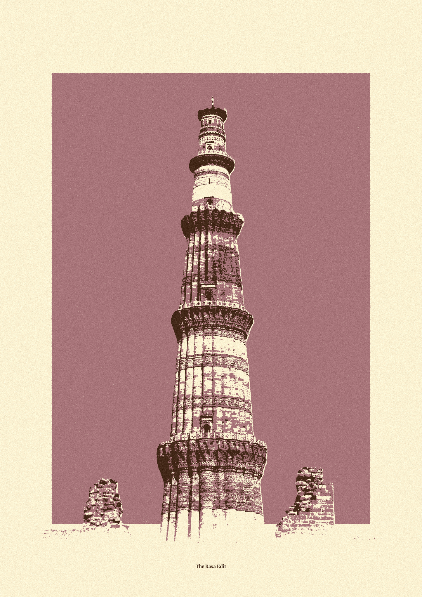 A minimalist art print of the Qutub Minar monument in Delhi, rendered in sepia tones against a dusty mauve background, framed by a cream border.