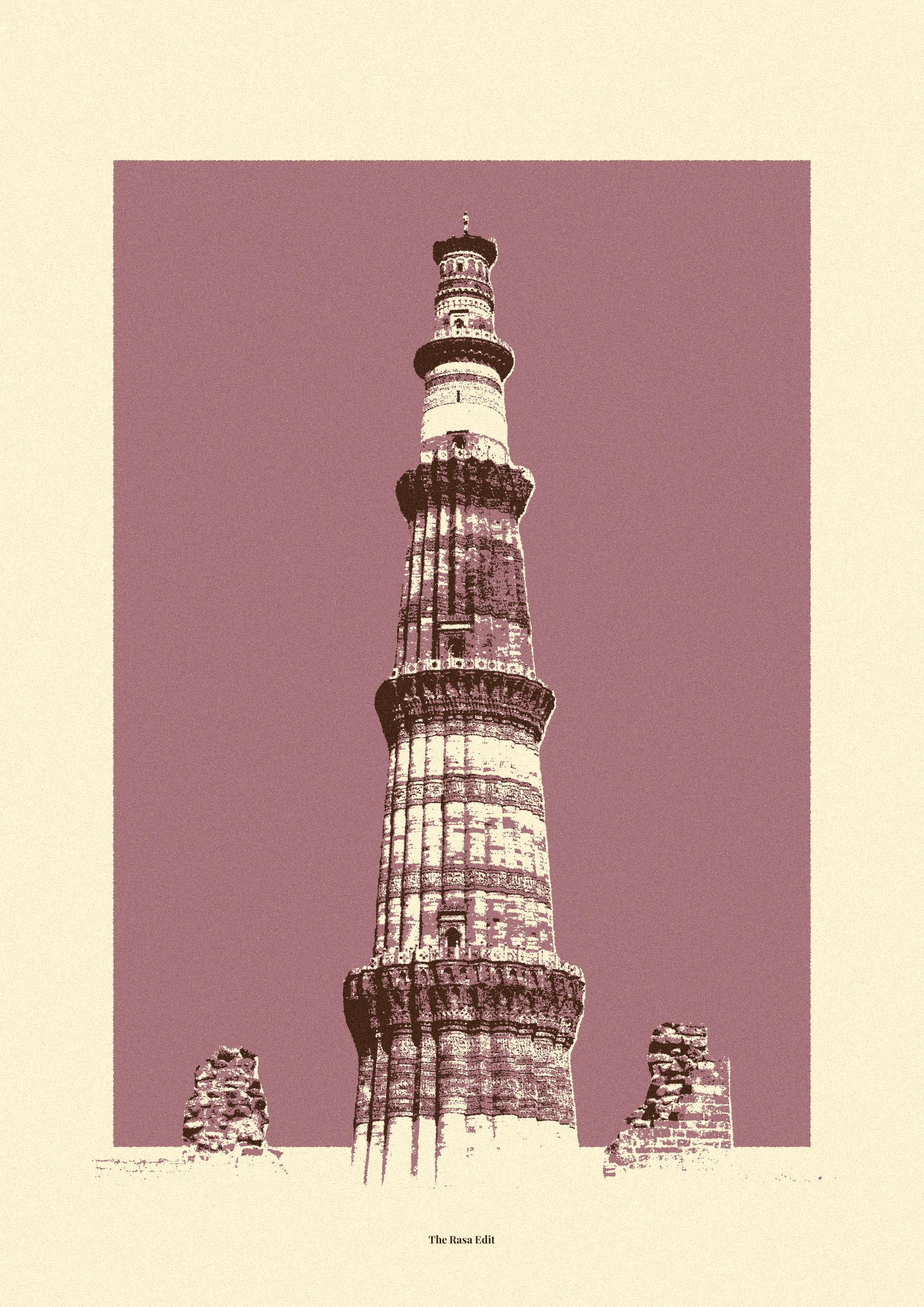 A minimalist art print of the Qutub Minar monument in Delhi, rendered in sepia tones against a dusty mauve background, framed by a cream border.