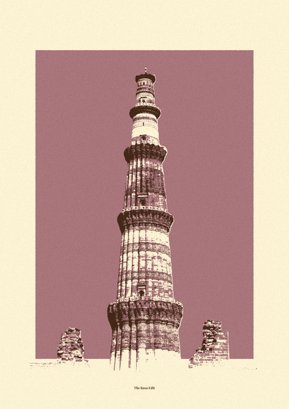 A minimalist art print of the Qutub Minar monument in Delhi, rendered in sepia tones against a dusty mauve background, framed by a cream border.