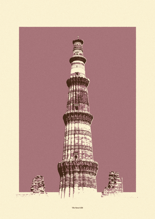 A minimalist art print of the Qutub Minar monument in Delhi, rendered in sepia tones against a dusty mauve background, framed by a cream border.