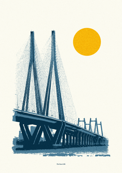A minimalist art print of the Mumbai Sea Link, featuring a dark blue illustration of the bridge and water against a warm cream background, with a textured yellow sun in the upper right.