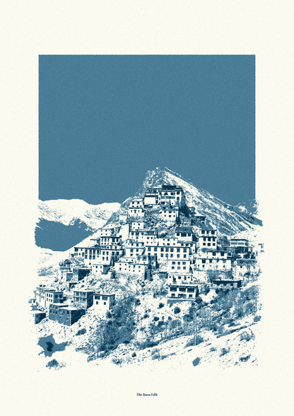 A minimalist art print of Spiti Valley in a blue and white graphic style, centered on a warm cream background.