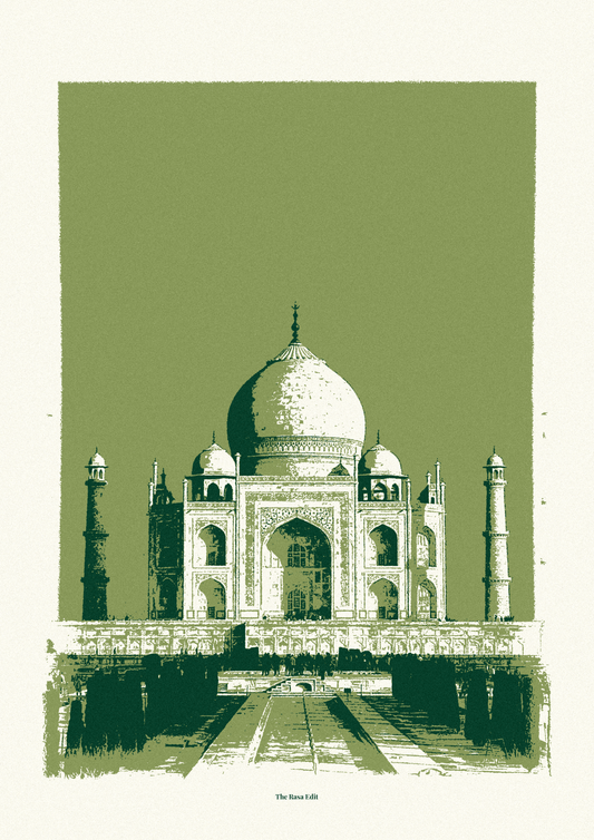 A stylized graphic art print of the Taj Mahal, rendered in a high-contrast green and white color scheme on a cream-colored background.