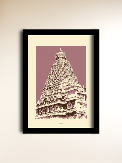 A framed art print featuring a sepia-toned illustration of Brihadeeswara Temple against a dusty mauve background, mounted on a light beige wall.