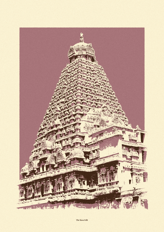 A stylized art print of the Brihadeeswara Temple, rendered in a high-contrast sepia and dusty rose color scheme on a cream background.
