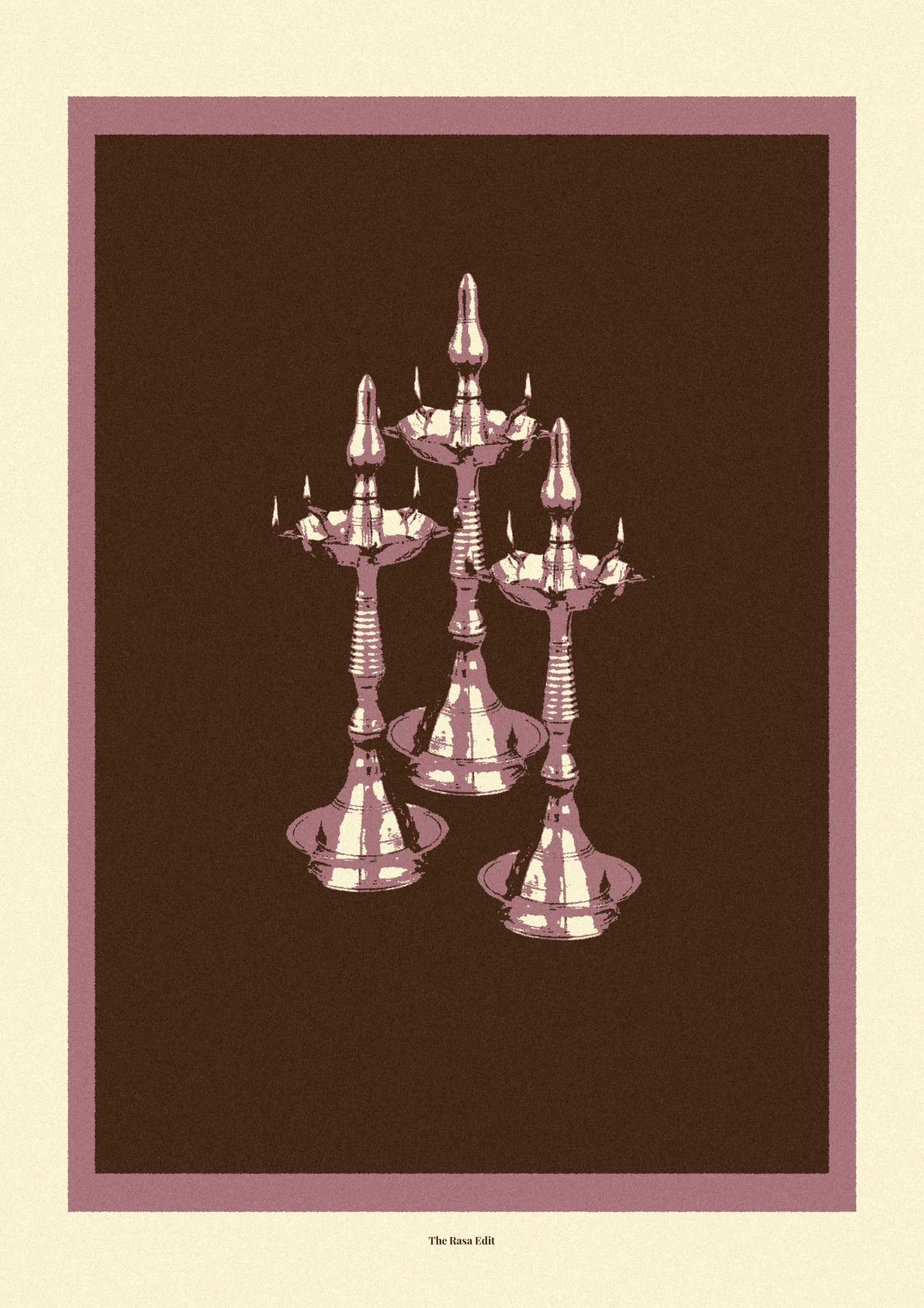 A minimalist art print featuring a cluster of Nilavilakku on a dark brown background, framed by a dusty rose border on a cream-colored canvas.