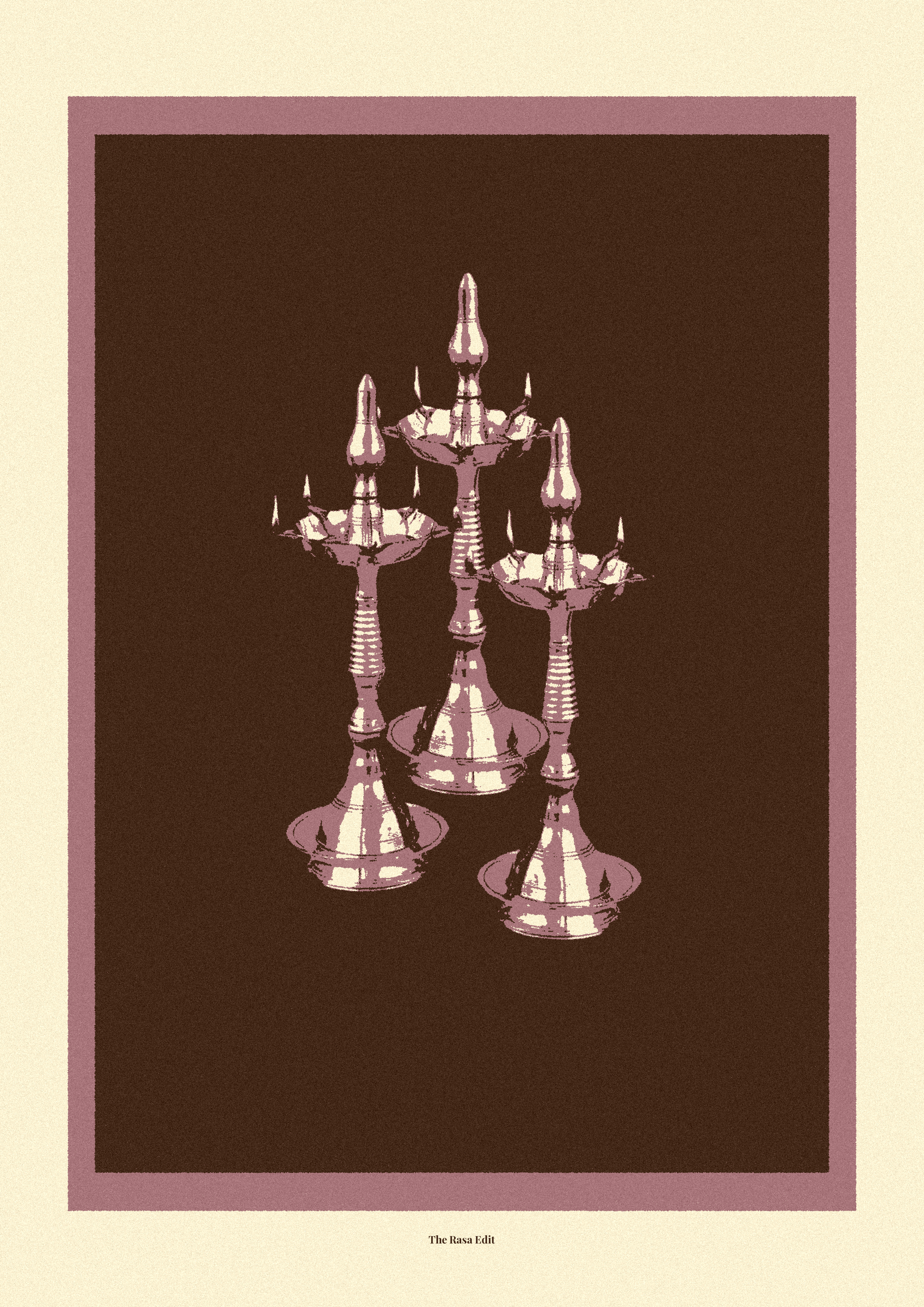 A minimalist art print featuring a cluster of Nilavilakku on a dark brown background, framed by a dusty rose border on a cream-colored canvas.