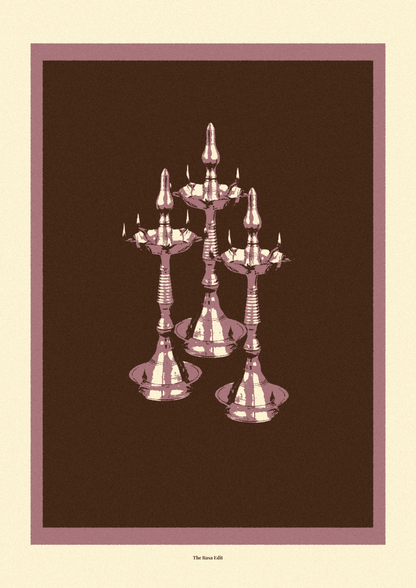 A minimalist art print featuring a cluster of Nilavilakku on a dark brown background, framed by a dusty rose border on a cream-colored canvas.