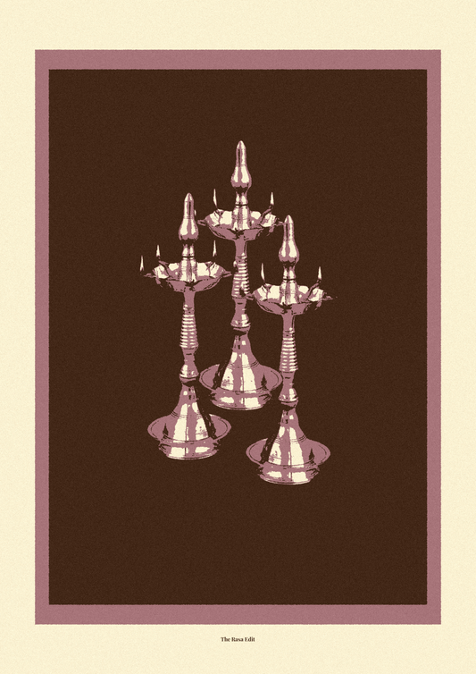 A minimalist art print featuring a cluster of Nilavilakku on a dark brown background, framed by a dusty rose border on a cream-colored canvas.